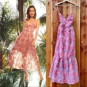 Rose Pink Jacquard Organza Backless Lace-Up Midi Dress 🌿